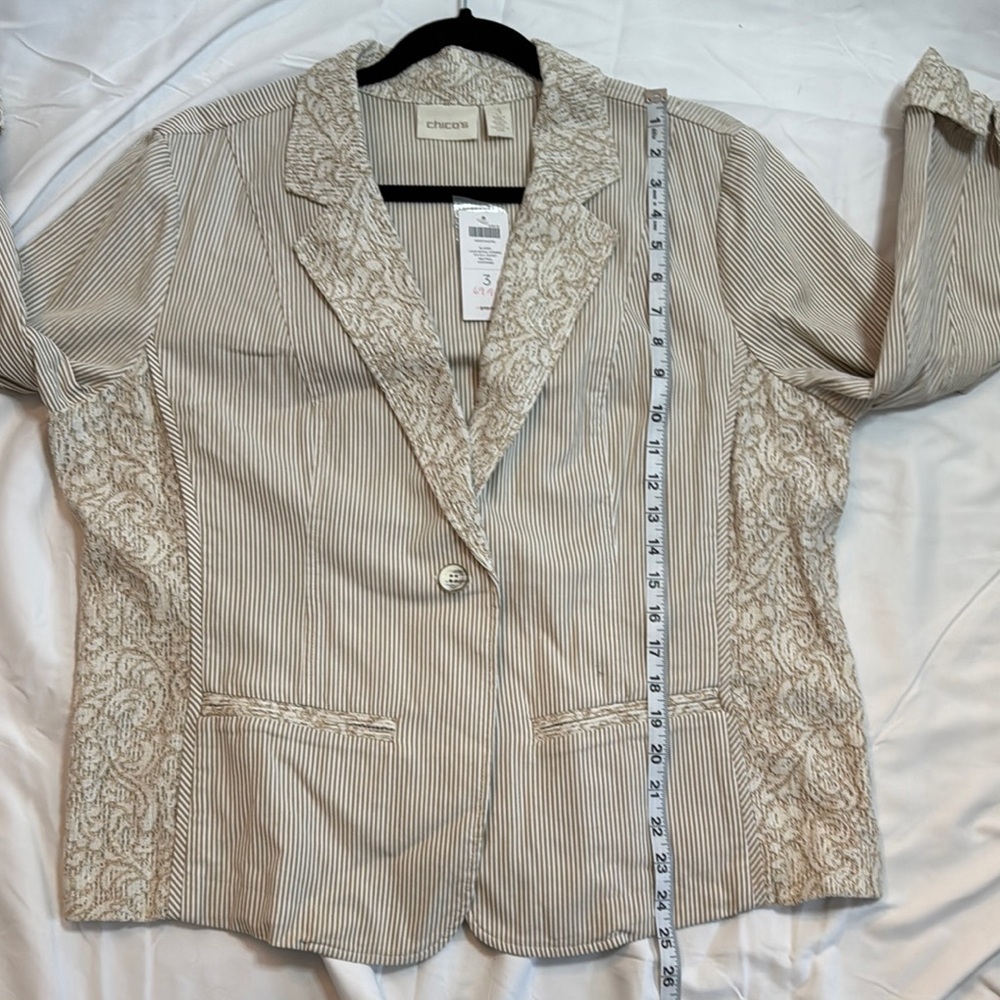 Chico's Cream and Tan Pinstripe Blazer with Textured Trim